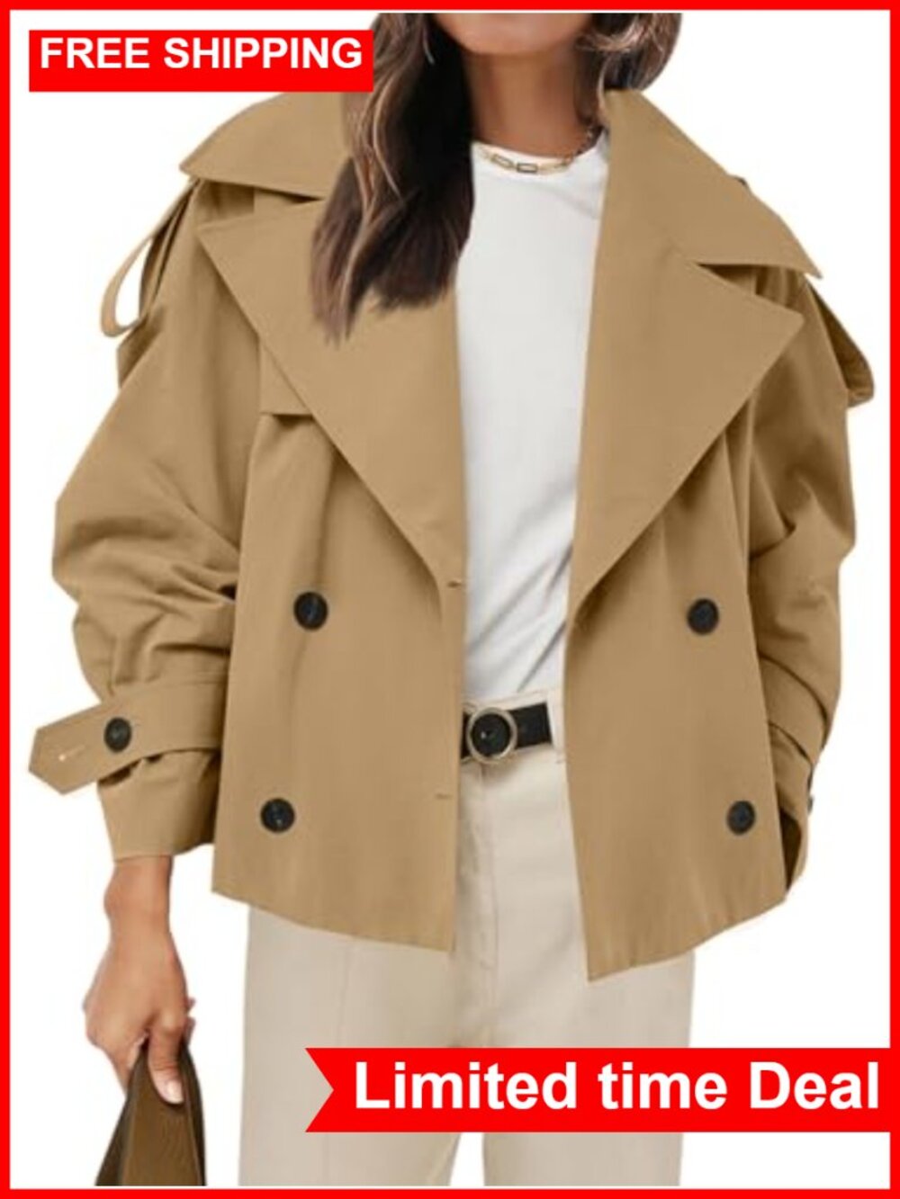 Womens Cropped Trench Coat Double Breasted Belted Jacket